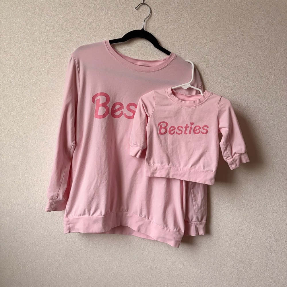 Mommy & Me Women’s L & 12/18 M Matching 'Besties' Long Sleeve Light Pink Shirts